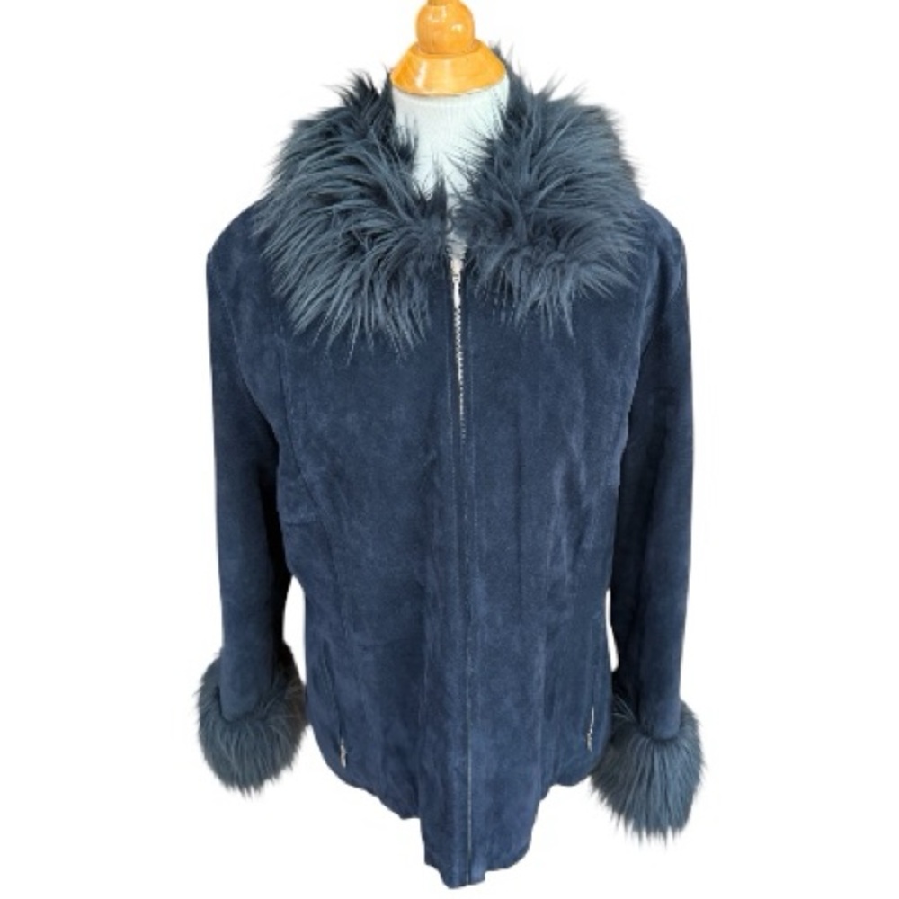 Wilsons Women’s Leather Maxima Blue Suede & Faux Fur Coat Winter Lined Size XL